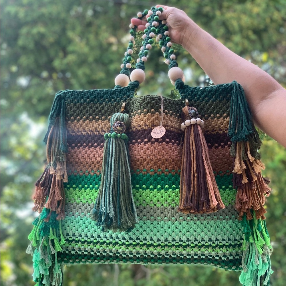 Handmade Green and Brown Macrame Bag With Fringes